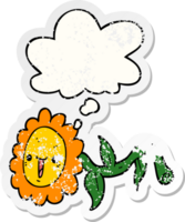 dibujos animados flor con pensamiento burbuja como un afligido desgastado pegatina png