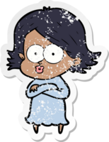 distressed sticker of a cartoon girl pouting png