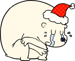 crying hand drawn comic book style illustration of a polar bear wearing santa hat png