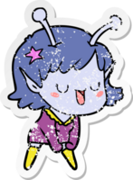 distressed sticker of a happy alien girl cartoon png