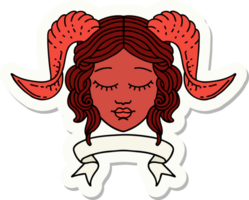 adesivo de um rosto de personagem tiefling com banner de rolagem png