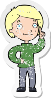 retro distressed sticker of a cartoon boy with idea png