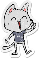 distressed sticker of a happy cartoon cat meowing png