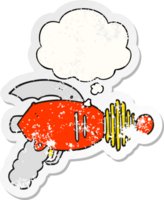 cartoon ray gun with thought bubble as a distressed worn sticker png