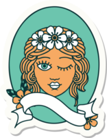 tattoo style sticker with banner of a maiden with crown of flowers winking png