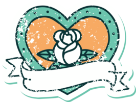 iconic distressed sticker tattoo style image of a heart rose and banner png