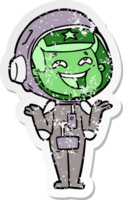 distressed sticker of a cartoon laughing astronaut png