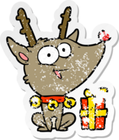 distressed sticker of a cartoon christmas reindeer png