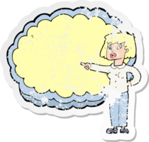 Retro-Distressed-Aufkleber einer Cartoon-Frau mit Textwolkenraum png