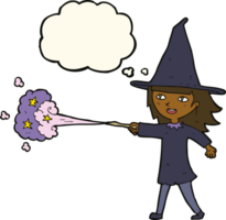 bruxa dos desenhos animados, lançando feitiço com balão de pensamento png
