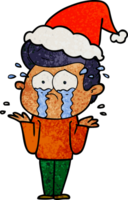 main tiré texturé dessin animé de une pleurs homme portant Père Noël chapeau png