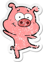 distressed sticker of a happy cartoon pig dancing png