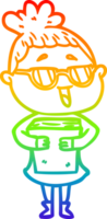 rainbow gradient line drawing of a cartoon happy woman wearing spectacles png