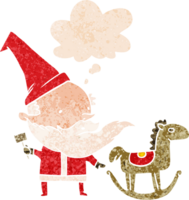 cartoon santa making toy with thought bubble in grunge distressed retro textured style png