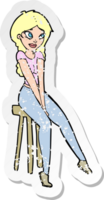 retro distressed sticker of a cartoon pretty girl on stool png