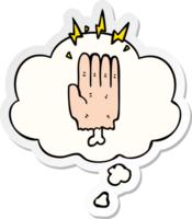 cartoon magic halloween zombie hand and thought bubble as a printed sticker png