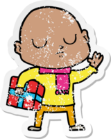distressed sticker of a cartoon bald man with xmas gift png