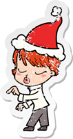 distressed sticker cartoon of a woman with eyes shut wearing santa hat png