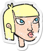 retro distressed sticker of a cartoon female face png