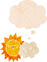 cartoon sun and cloud and thought bubble in retro textured style png