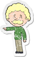 retro distressed sticker of a cartoon man with mustache pointing png