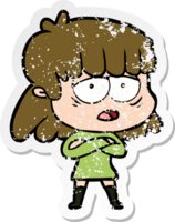 distressed sticker of a cartoon tired woman png