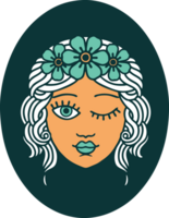 tattoo style icon of a maiden with crown of flowers winking png