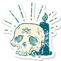 grunge sticker of tattoo style spooky skull and candle png