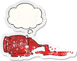 cartoon spilled bottle and thought bubble as a distressed worn sticker png