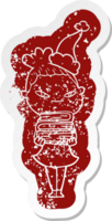 cartoon distressed sticker of a woman wearing santa hat png