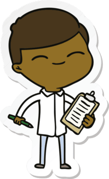 adesivo de um homem sorridente de desenho animado com prancheta png