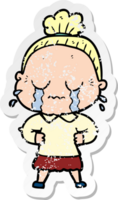 distressed sticker of a cartoon crying old lady png