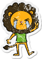 distressed sticker of a cartoon crying lion giving peace sign png