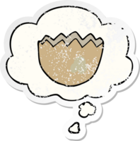 cartoon cracked eggshell and thought bubble as a distressed worn sticker png