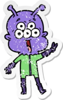 distressed sticker of a happy cartoon alien waving peace gesture png