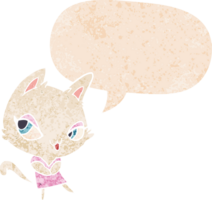 cartoon female cat and speech bubble in retro textured style png