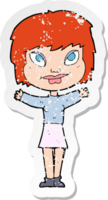 retro distressed sticker of a cartoon woman waving arms png