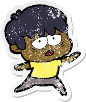distressed sticker of a cartoon exhausted boy png