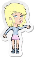 retro distressed sticker of a cartoon woman playing it cool png