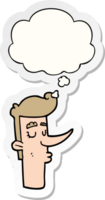 cartoon arrogant man and thought bubble as a printed sticker png