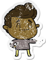 distressed sticker of a happy cartoon man pointing png