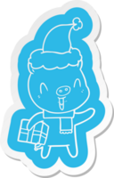 Fröhlicher Cartoon-Aufkleber eines Schweins mit Weihnachtsgeschenk mit Weihnachtsmütze png