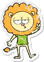 distressed sticker of a cartoon bored lion waving png