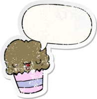 caricatura, cupcake, y, cara, y, burbuja del discurso, pegatina angustiada png