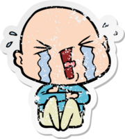 distressed sticker of a cartoon crying bald man png