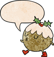 cartoon christmas pudding walking and speech bubble in retro texture style png