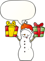 cartoon snowman and present and speech bubble in smooth gradient style png