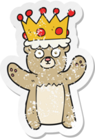 retro distressed sticker of a cartoon teddy bear wearing crown png