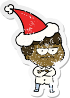 distressed sticker cartoon of an annoyed man wearing santa hat png