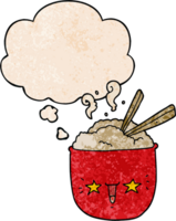 bol de riz de dessin animé avec visage et bulle de pensée dans le style de motif de texture grunge png